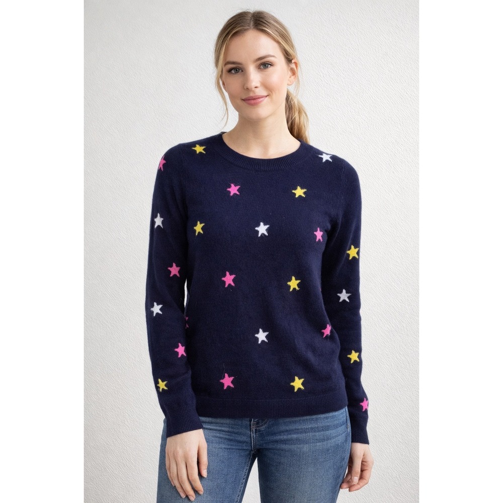 J.Crew Navy Blue 100% Cashmere‎ Star Print Crewneck Sweater Womens Medium M